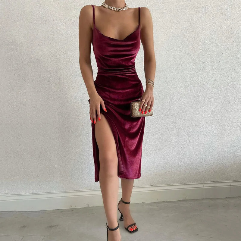 Elegant Velvet Off-Shoulder Bodycon Dress - Sleeveless Summer Midi Gown for Women | Perfect for Parties & Club Nights