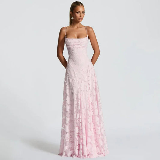 Women's Jacquard Chiffon Maxi Dress – Backless Elegant Evening & Wedding Guest Dress