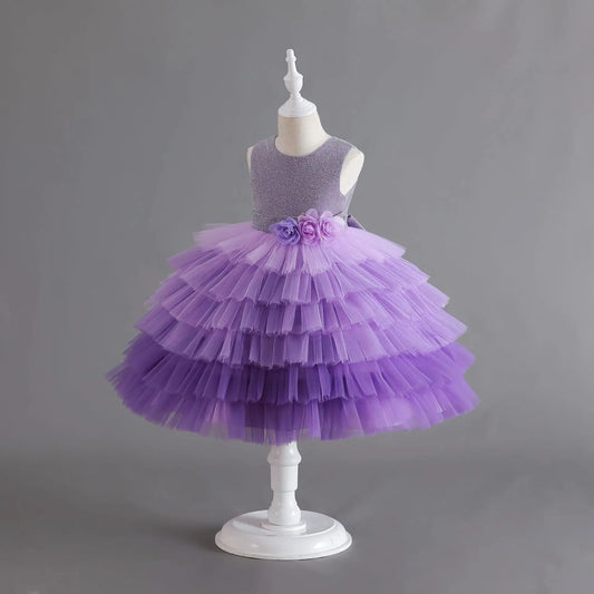 Girls' Purple Flower Layered Cake Dress - Perfect for Birthdays, Weddings & Parties | Kids' Fashion with Lace & Bow Details