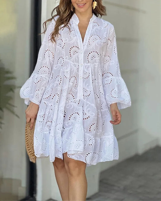 Women Summer Elegant Hollow Out Dresses Vintage Solid Lace Loose V-neck Beach Sexy Mini Dresses Embroidery Pattern Vestidos