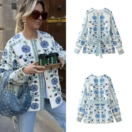 Women's Cotton Jacket – Versatile Printed, Lace-Up, Single-Breasted Fashion