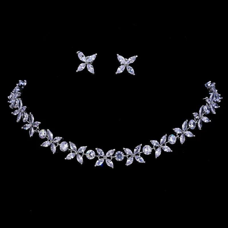 Zircons Necklace and Earrings, Jewelry Set For Wedding Gift, Silver Bridal necklace, Bridal jewelry set, Wedding necklace set