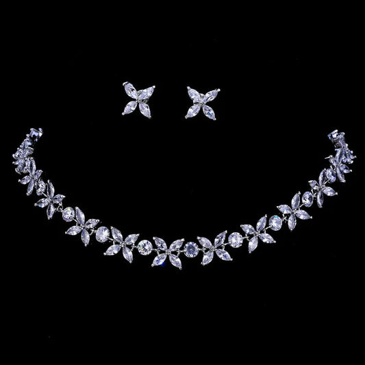 Zircons Necklace and Earrings, Jewelry Set For Wedding Gift, Silver Bridal necklace, Bridal jewelry set, Wedding necklace set