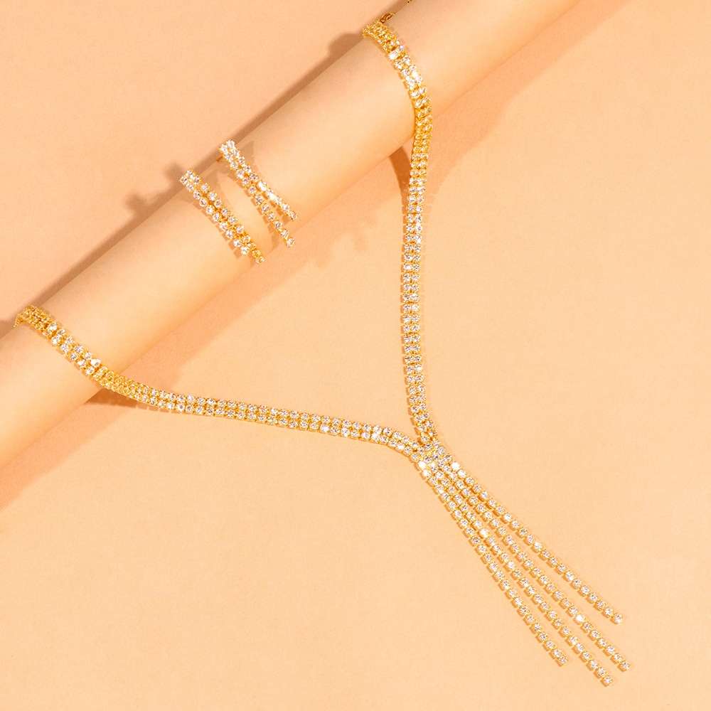 Gold Tassel Necklace, Long Tassel Necklace, Gold Layered Necklace, Bridal Necklace Set, Silver Wedding Necklace Earrings Set, Wedding Necklace Set, Two Line Necklace Earrings Set