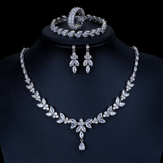 Teardrop Silver Wedding Necklace Earrings Bracelet Ring Set | Bridal Necklace Set | CZ Wedding Necklace Set | Crystal Bridal Set