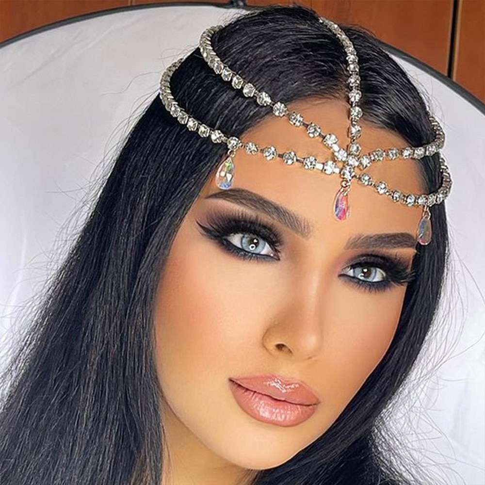 Multi layer Water Drop Forehead Chain, Boho Bridal Wedding Head Chain, CZ Leaf Forehead Headband Chain, Hair Jewelry For Women, Crystal Headpiece