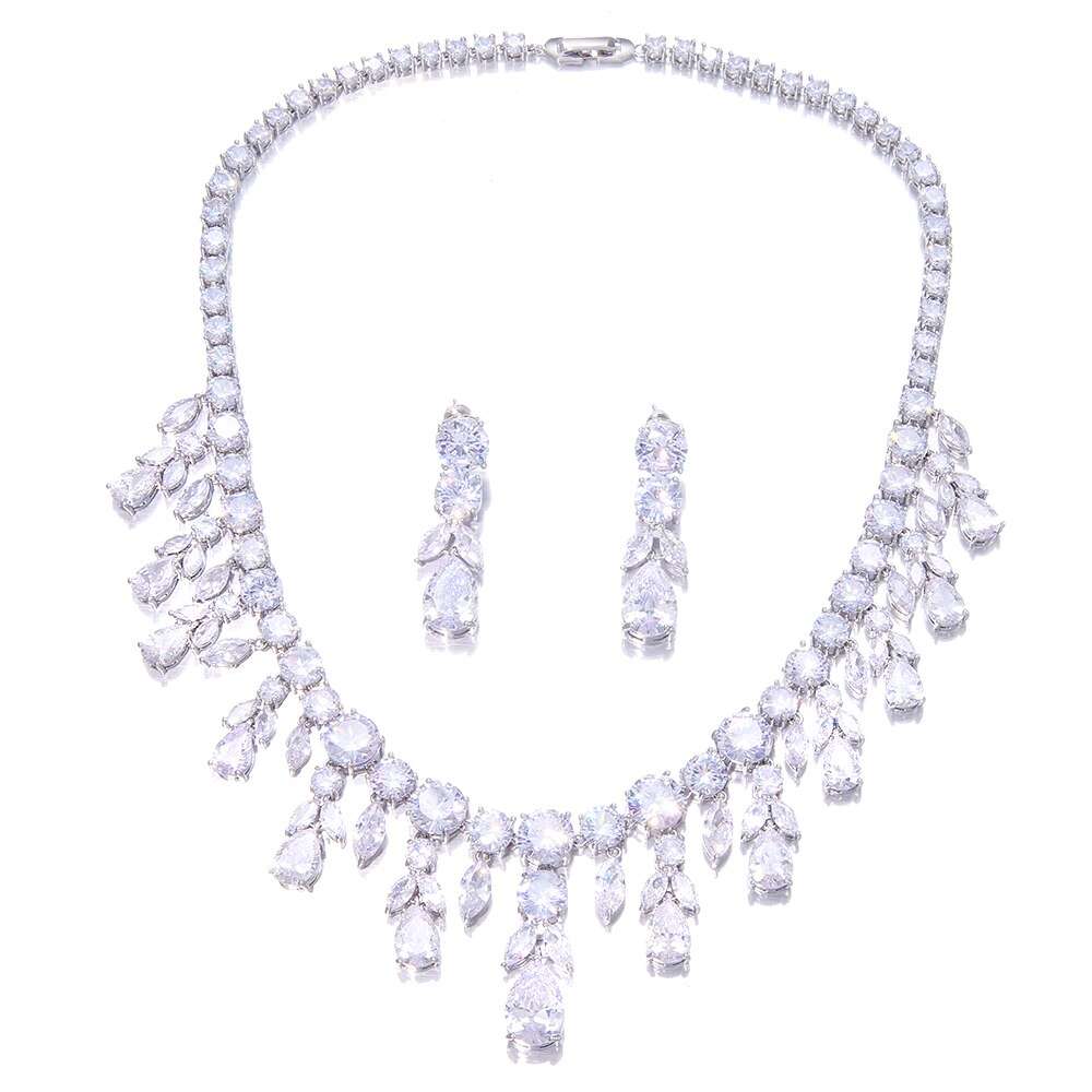 Cubic Zircon Necklace and Earrings,Silver Bridal Necklace and earrings, Jewelry Set, Water Drop Necklace, Leaf style jewellery for bride, Wedding Necklace set