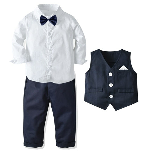 Boy Formal Outfit Set: Long-Sleeved Shirt, Bow Tie, Vest, and Trousers - Ideal for Parties & Birthdays - High-Quality Cotton Toddler Clothing
