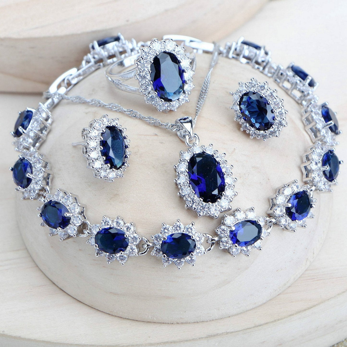 Women Bridal Jewelry Sets Blue Zirconia Fine Jewellery Wedding Necklace Earrings Rings Bracelets Pendant Set - Silver 925 Pendant Necklace