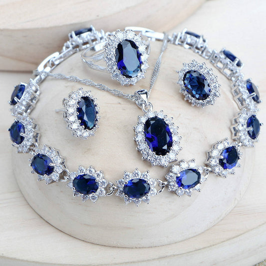 Women Bridal Jewelry Sets Blue Zirconia Fine Jewellery Wedding Necklace Earrings Rings Bracelets Pendant Set - Silver 925 Pendant Necklace