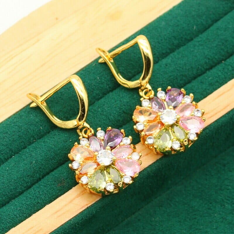 Exquisite 925 Silver Gold Color Jewelry Set with Multicolor Zircon Accents – Perfect for Weddings and Special Occasions