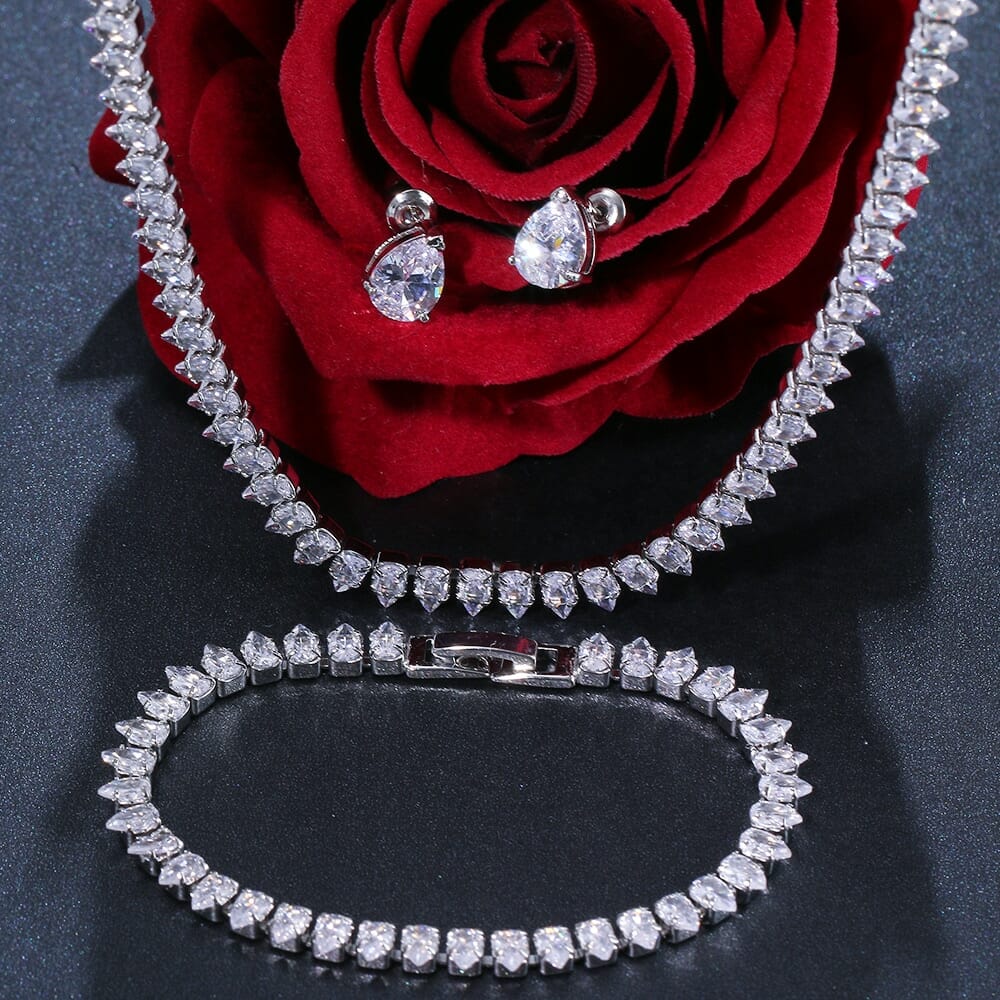 Cubic Zirconia Wedding Jewelry Set with Stunning Drop Style Necklaces in Silver, Rose Gold, and Gold, Bridal Necklace Earrings Party Jewelry Set