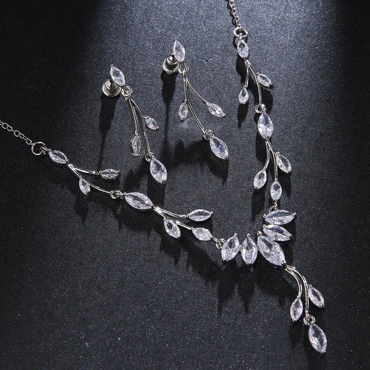 Cubic Zirconia Necklace Earrings Jewelry Set for Women Bridal Wedding Party necklace, leaf necklace