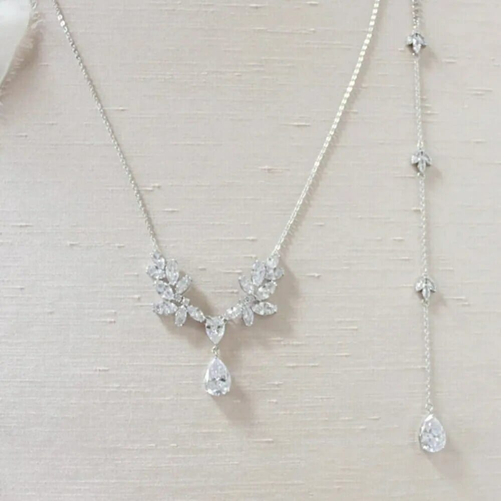 Cubic Zirconia Long Drop Bridal Back Necklace, Rose Gold Bridal Back Necklace, Crystal Back Drop Necklace, Open Back Necklace, Bridal Jewelry Set, Wedding Jewellery set-CheekyMeeky