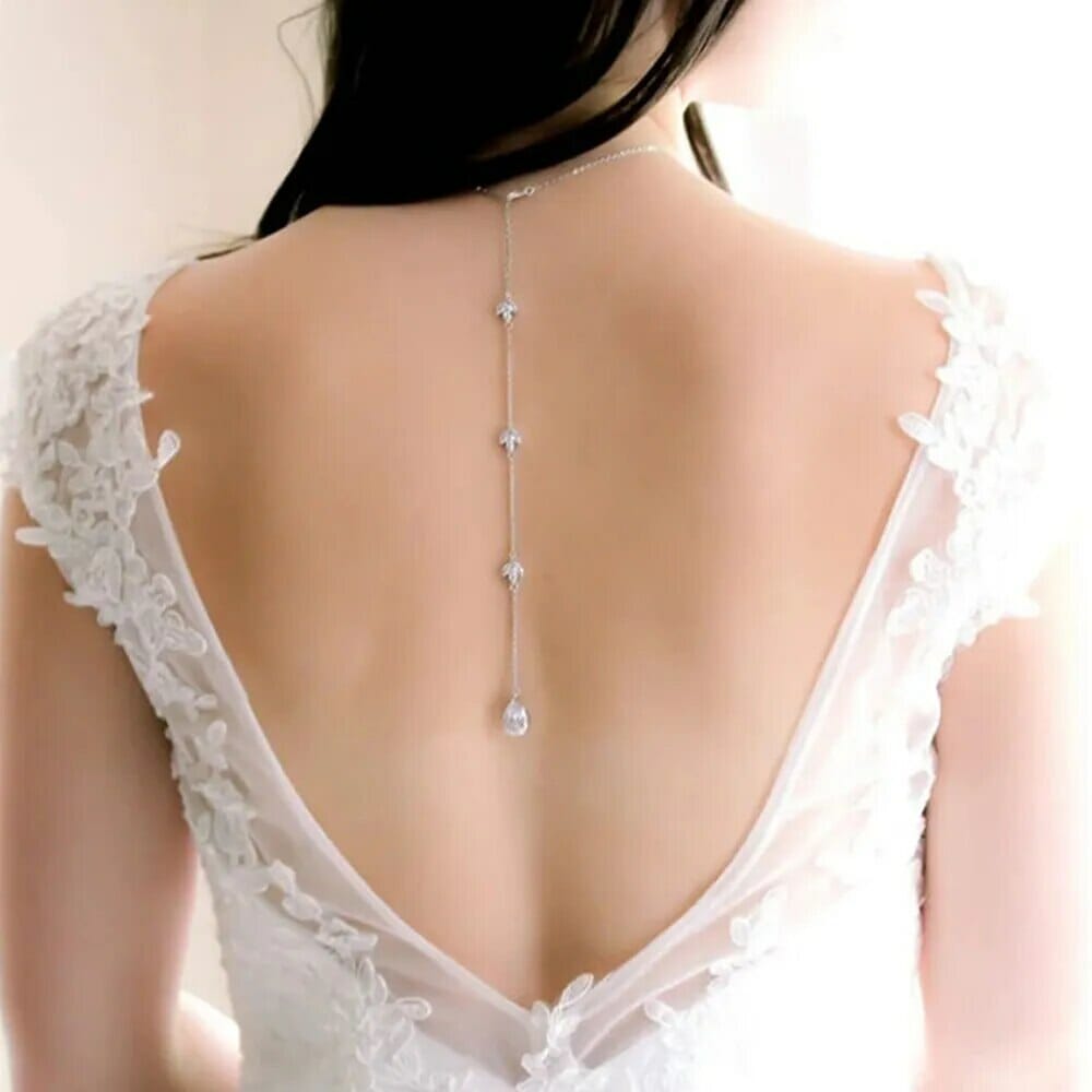 Cubic Zirconia Long Drop Bridal Back Necklace, Rose Gold Bridal Back Necklace, Crystal Back Drop Necklace, Open Back Necklace, Bridal Jewelry Set, Wedding Jewellery set-CheekyMeeky