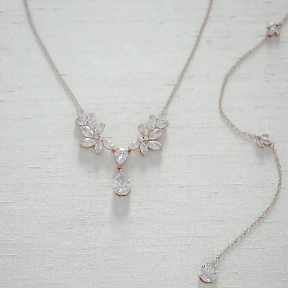 Cubic Zirconia Long Drop Bridal Back Necklace, Rose Gold Bridal Back Necklace, Crystal Back Drop Necklace, Open Back Necklace, Bridal Jewelry Set, Wedding Jewellery set-CheekyMeeky