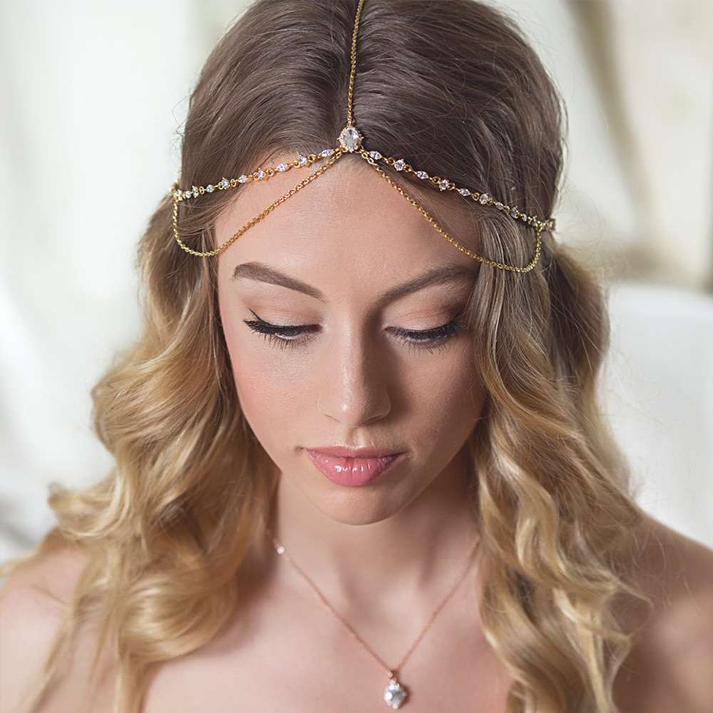 Water Drop Forehead Chain, Boho Bridal Wedding Head Chain, CZ Leaf Forehead Headband Chain, Hair Jewelry for Women, Crystal Headpiece