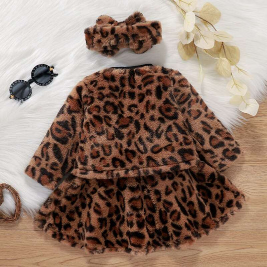 Winter Toddler Girls Leopard Print Fur Long Sleeve Dress, Jacket Tops Headband Baby's Clothing Sets , Kids Winter Outfit set
