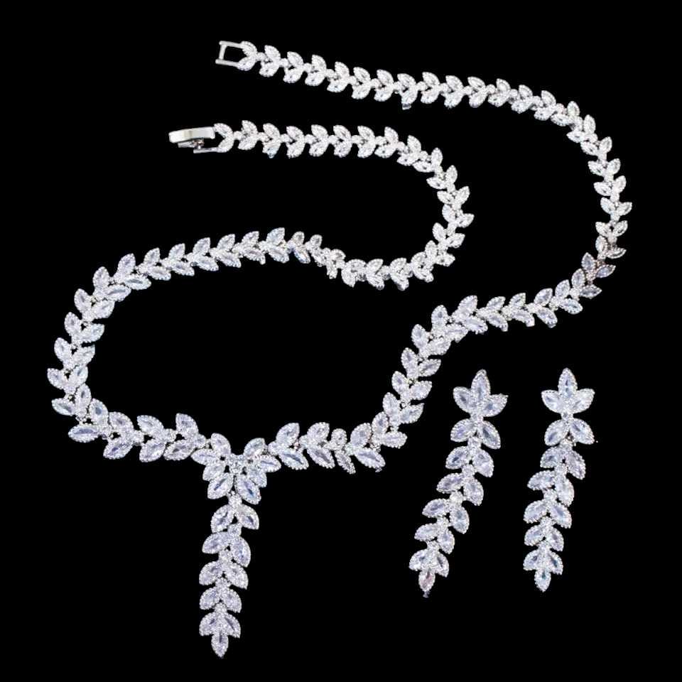 Crystal Necklace set Silver Wedding Jewelry for Bride Silver Bridal Jewelry Crystal Bridal Necklace Set Leaves Shape necklace Drop Earring Cubic Zircon Jewelry Sets