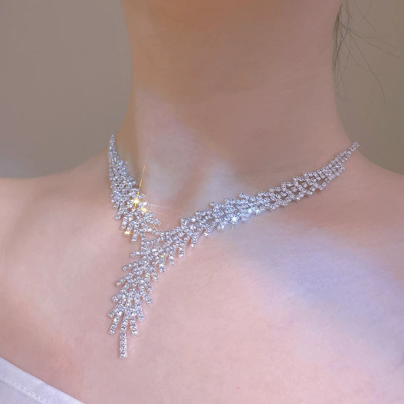 Feather Shape Necklace Earrings Wedding Jewelry set Gifts Wedding necklace Bridal jewelry silver bridal necklace set