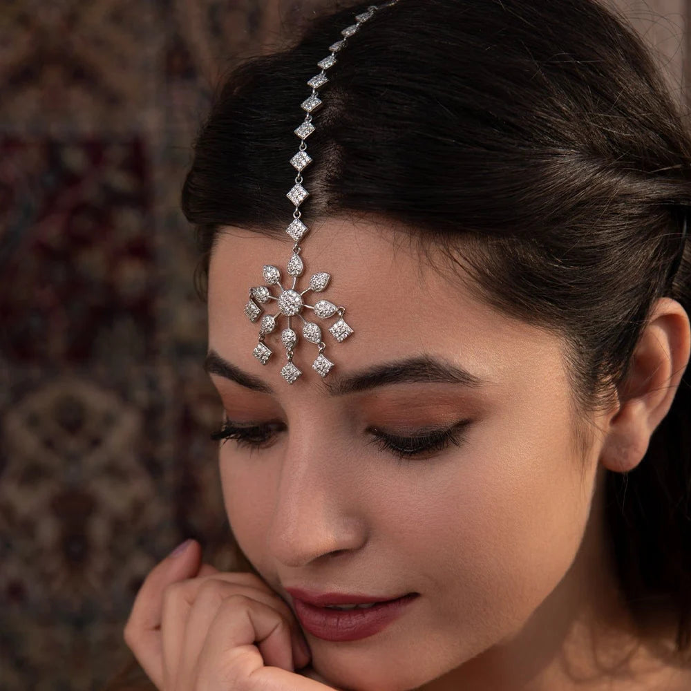Head Chain Exquisite Cubic Leaf Forehead Headband Chain Hair Jewellery For Women Headpiece Bridal Wedding Head Chain, Wedding Headpiece