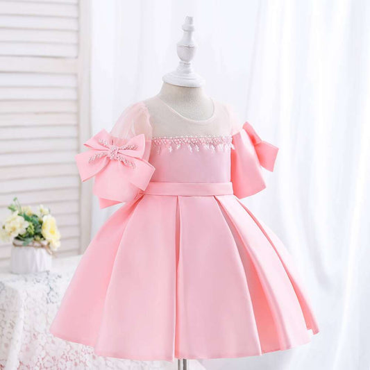 Satin Princess Dress Girl Bowknot Short Sleeves Pearl Tassel Dress, Elegant Kids Dresses