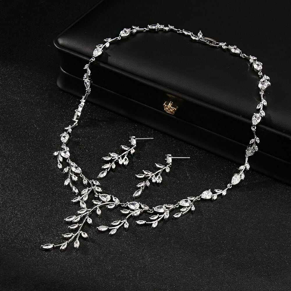 Branch Shape Necklace And Earring set, Bridal Necklace Set, Silver Wedding Necklace Earrings Set, Wedding Necklace for bride