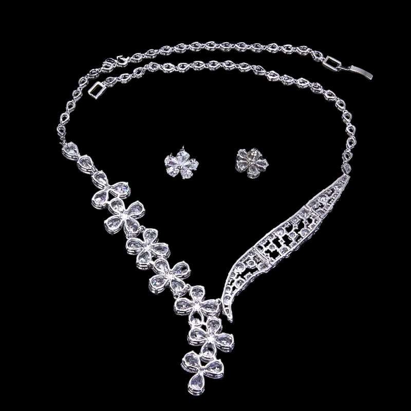 Cubic Zircon Jewelry Set for Women Stud Earrings and Necklace, Silver necklace, Wedding necklace set, Leaf style Wedding jewellery
