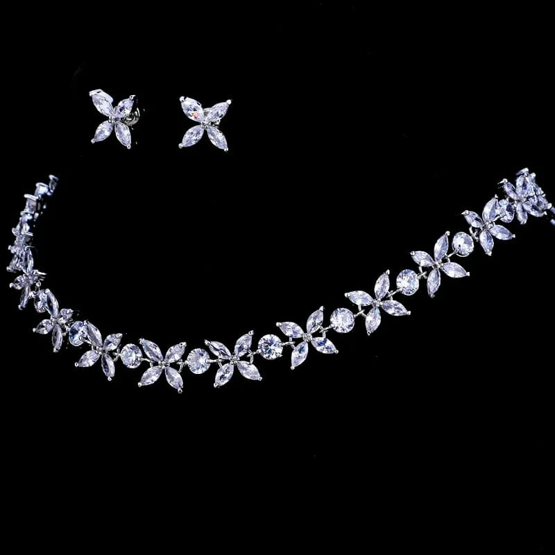 Zircons Necklace and Earrings, Jewelry Set For Wedding Gift, Silver Bridal necklace, Bridal jewelry set, Wedding necklace set