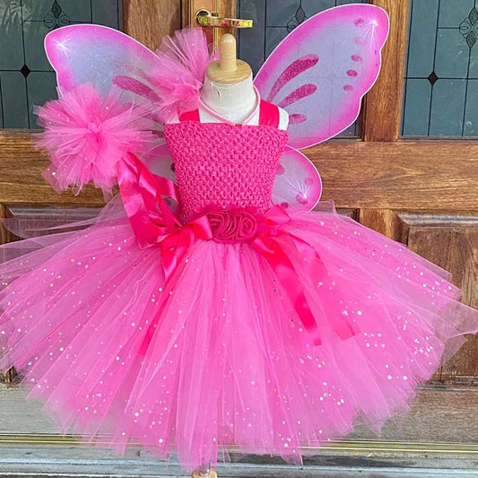 Girls Pink Flower Fairy Tutu Dress: Butterfly Wing Princess Party Costume - Kids Tulle Dress Butterfly Princess Dress
