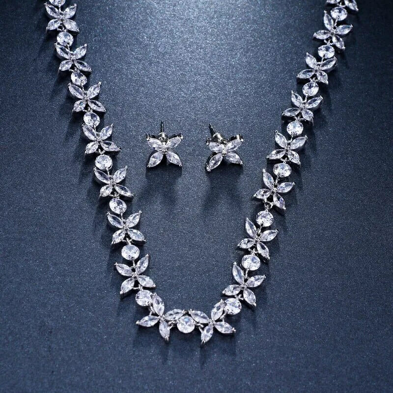 Zircons Necklace and Earrings, Jewelry Set For Wedding Gift, Silver Bridal necklace, Bridal jewelry set, Wedding necklace set