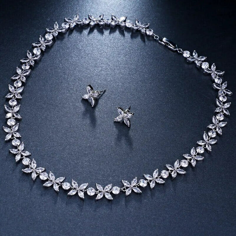 Zircons Necklace and Earrings, Jewelry Set For Wedding Gift, Silver Bridal necklace, Bridal jewelry set, Wedding necklace set