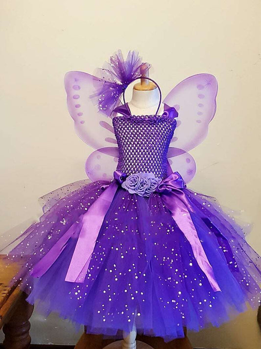 Purple Tulle Dress Girls Butterfly Dress Flower Fairy Tutu Dress Fairy Dress with Hairbow and Wing Kids Party Costume Dresses