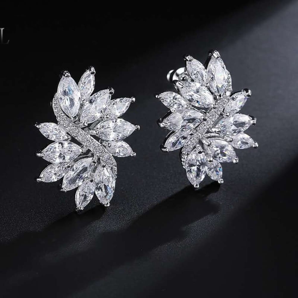 Cubic Zircon Jewelry Set for Women Stud Earrings and Necklace, Silver necklace, Wedding necklace set, Leaf style Wedding jewellery