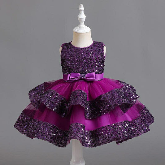 Enchanting Sequin Princess Dress for Baby's Birthday Party - Sleeveless, Multi-Layered, with Bow Knot, Girls Layered Dress