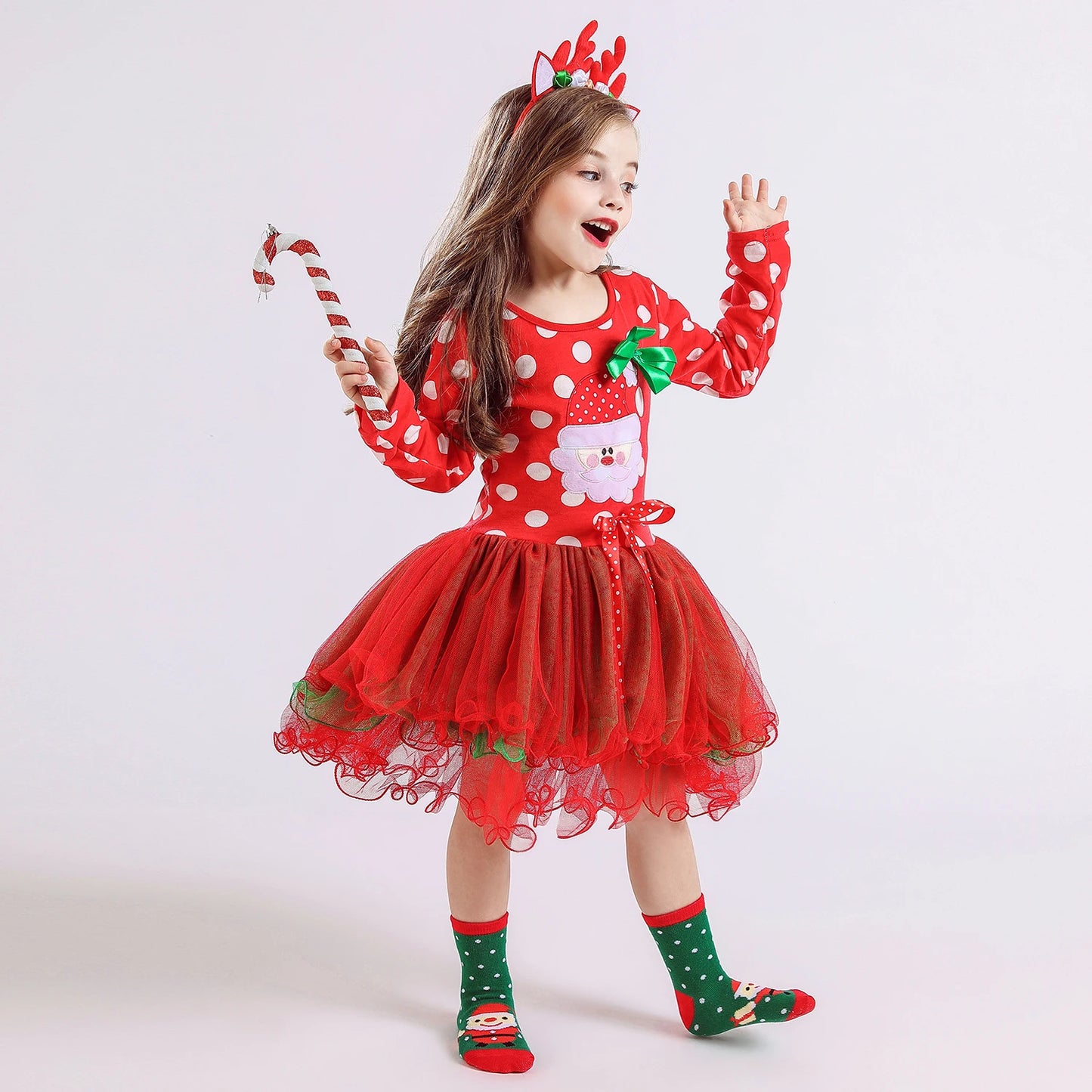 Girls Polka dot Christmas Dresses, Santa Claus Long Sleeve Winter Red Xmas Party Princess Dress Cute Kids Prom Gown-CheekyMeeky