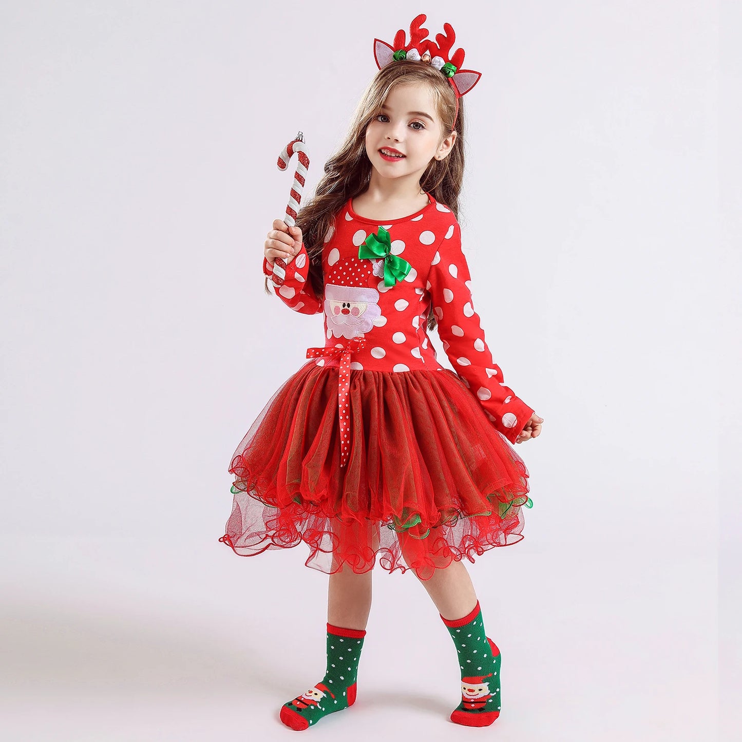 Girls Polka dot Christmas Dresses, Santa Claus Long Sleeve Winter Red Xmas Party Princess Dress Cute Kids Prom Gown-CheekyMeeky