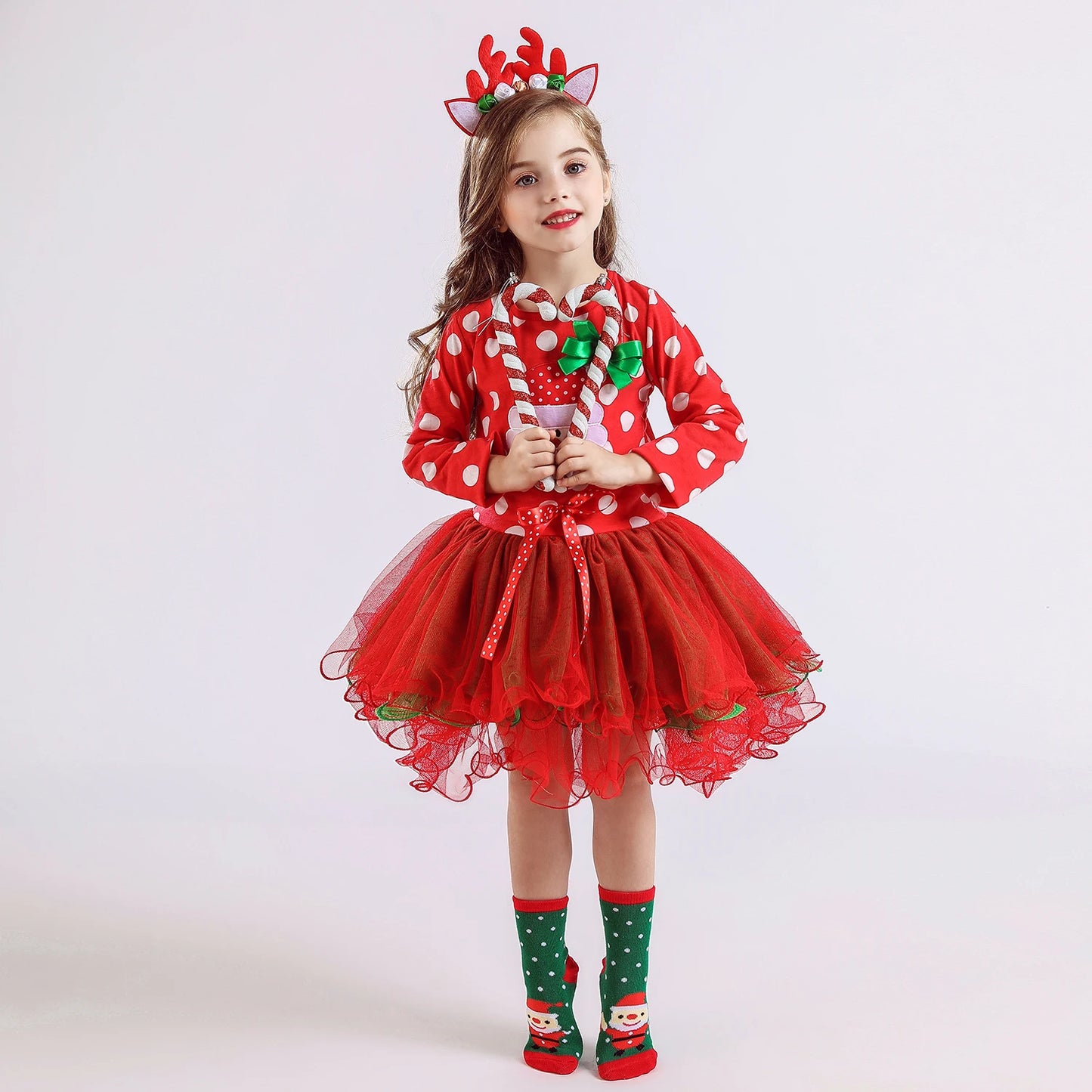 Girls Polka dot Christmas Dresses, Santa Claus Long Sleeve Winter Red Xmas Party Princess Dress Cute Kids Prom Gown-CheekyMeeky
