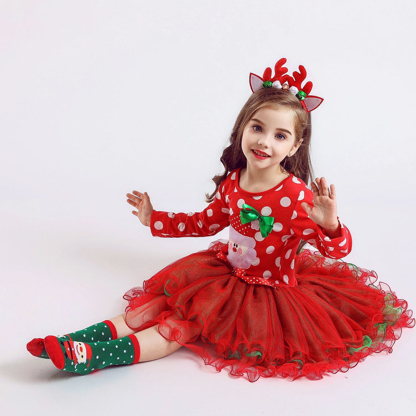 Girls Polka dot Christmas Dresses, Santa Claus Long Sleeve Winter Red Xmas Party Princess Dress Cute Kids Prom Gown-CheekyMeeky