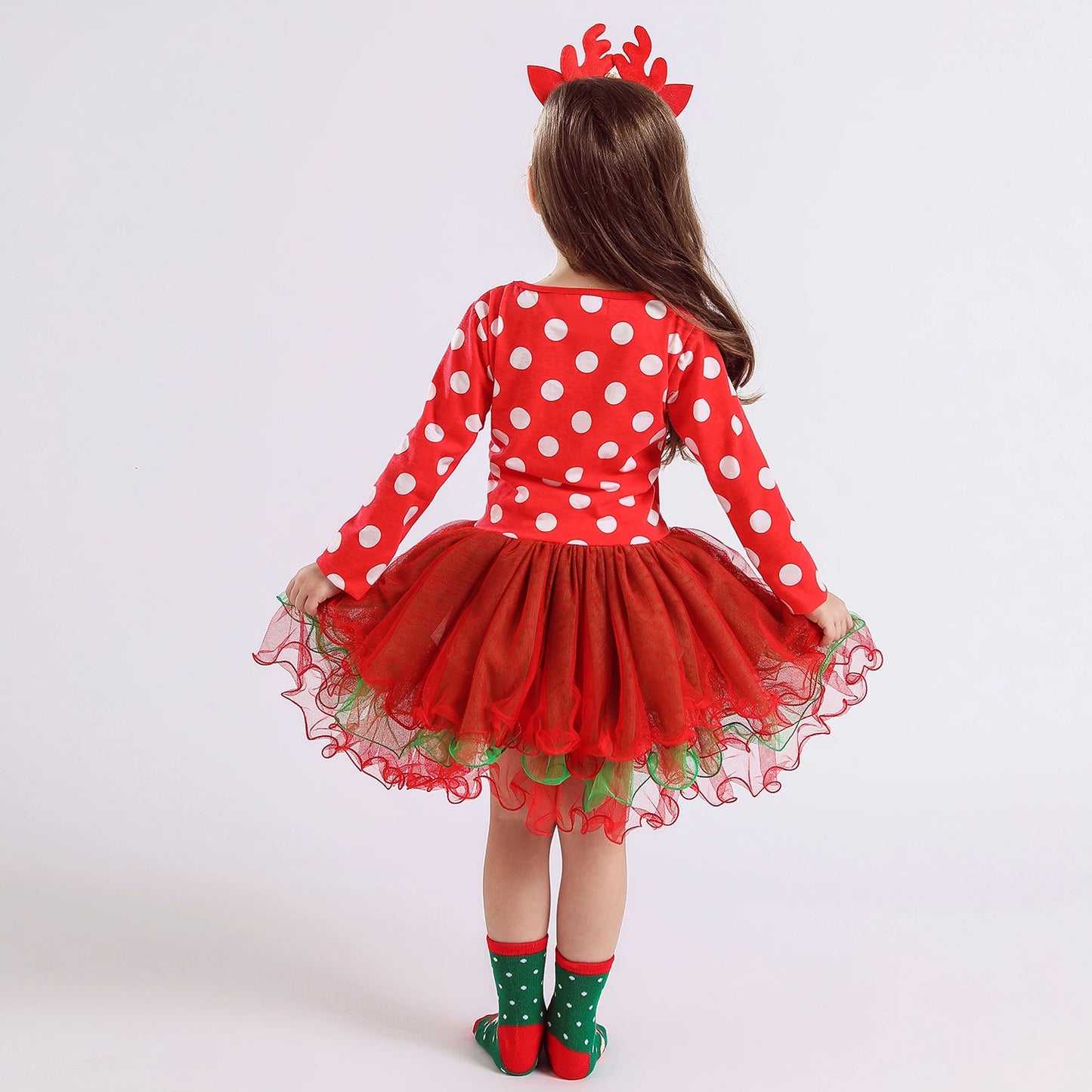 Girls Polka dot Christmas Dresses, Santa Claus Long Sleeve Winter Red Xmas Party Princess Dress Cute Kids Prom Gown-CheekyMeeky