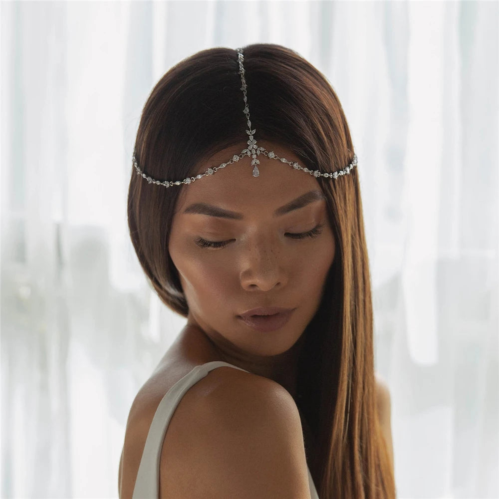 Boho Bridal Head Chain Exquisite Cubic Leaf Forehead Headband Chain Ha