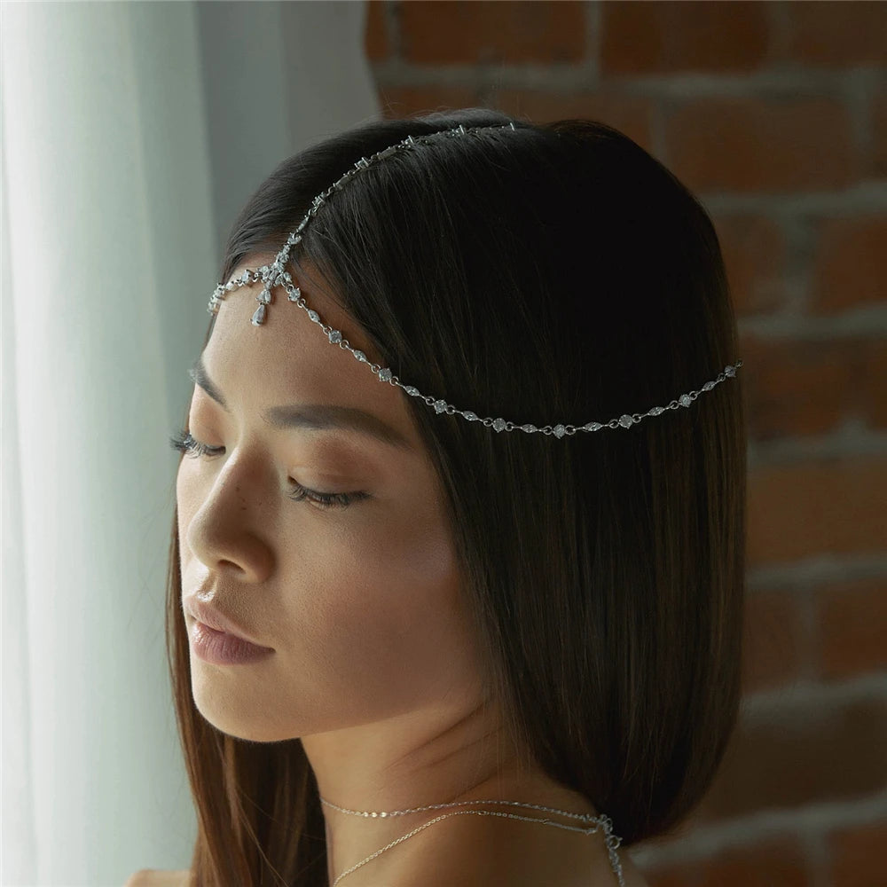 Boho Bridal Head Chain Exquisite Cubic Leaf Forehead Headband Chain Hair Jewellery for Women Headpiece Bridal Wedding Head Chain