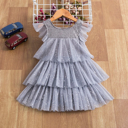Summer Dress for Girls , Princess Gown Kids Clothes Girls Birthday Party Clothes, Girls Layered Dress