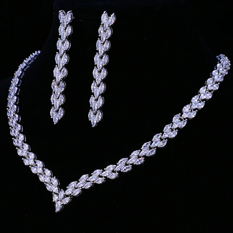 Bridal Necklace Set | Teardrop Silver Wedding Necklace Earrings Set | CZ Wedding Necklace Set | Crystal Bridal Set