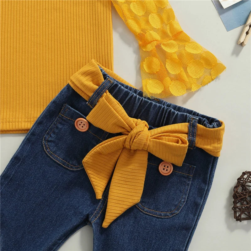 Girl Clothes Set Long Sleeve Crops Tops Lace Shirt Flare Pants / Girls Summer clothes/Girls Casual set-CheekyMeeky