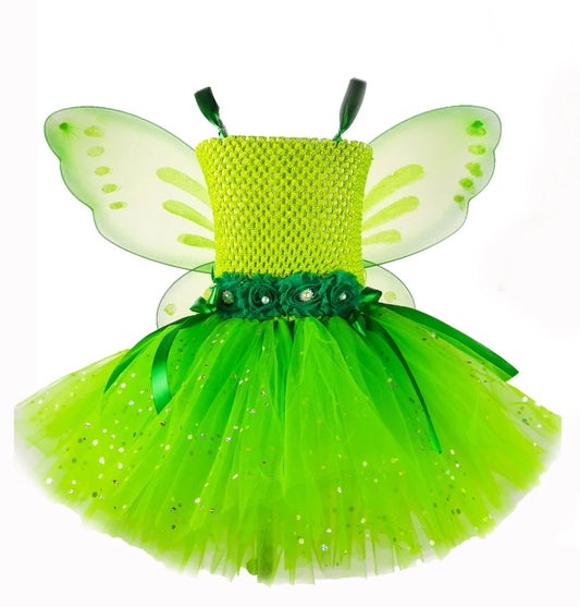 Fairy dress with wings, Sparkly Green Fairy Dress, Garden Fairy Dress, girls Dresses, girls Tutu Dress
