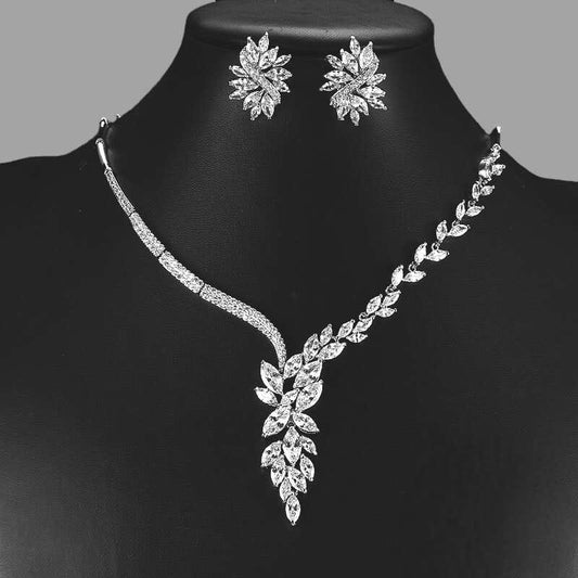 Cubic Zircon Jewelry Set for Women Stud Earrings and Necklace, Silver necklace, Wedding necklace set, Leaf style Wedding jewellery