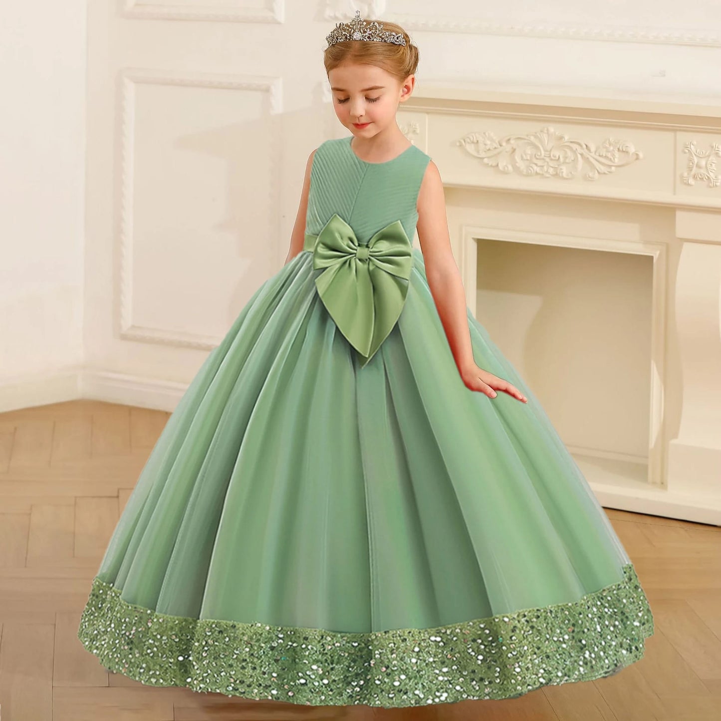 Long Dress For Girls, girls Princess dress, Bow Sequin Wedding Party Dresses, Pageant Formal Evening Vestidos, Lace tulle dress-CheekyMeeky