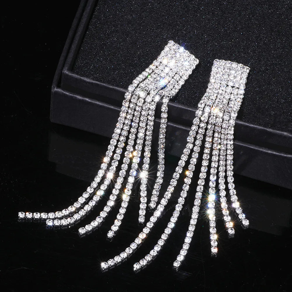 Crystal Wedding Earrings, Big Bridal Earrings,Long Tassel Earrings,Bridal Drop Dangling Earrings,Wedding earrings