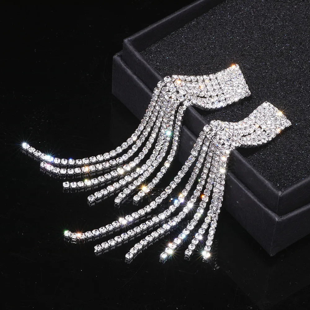Crystal Wedding Earrings, Big Bridal Earrings,Long Tassel Earrings,Bridal Drop Dangling Earrings,Wedding earrings
